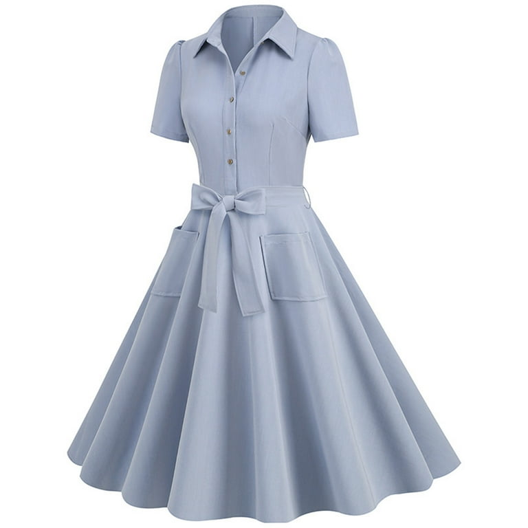 UYISJ Women Vintage 1940s Dress Retro 40s 50s Button Down Business Work A  Line Cocktail Dresses Short Sleeve Dress with Pockets Light Blue L