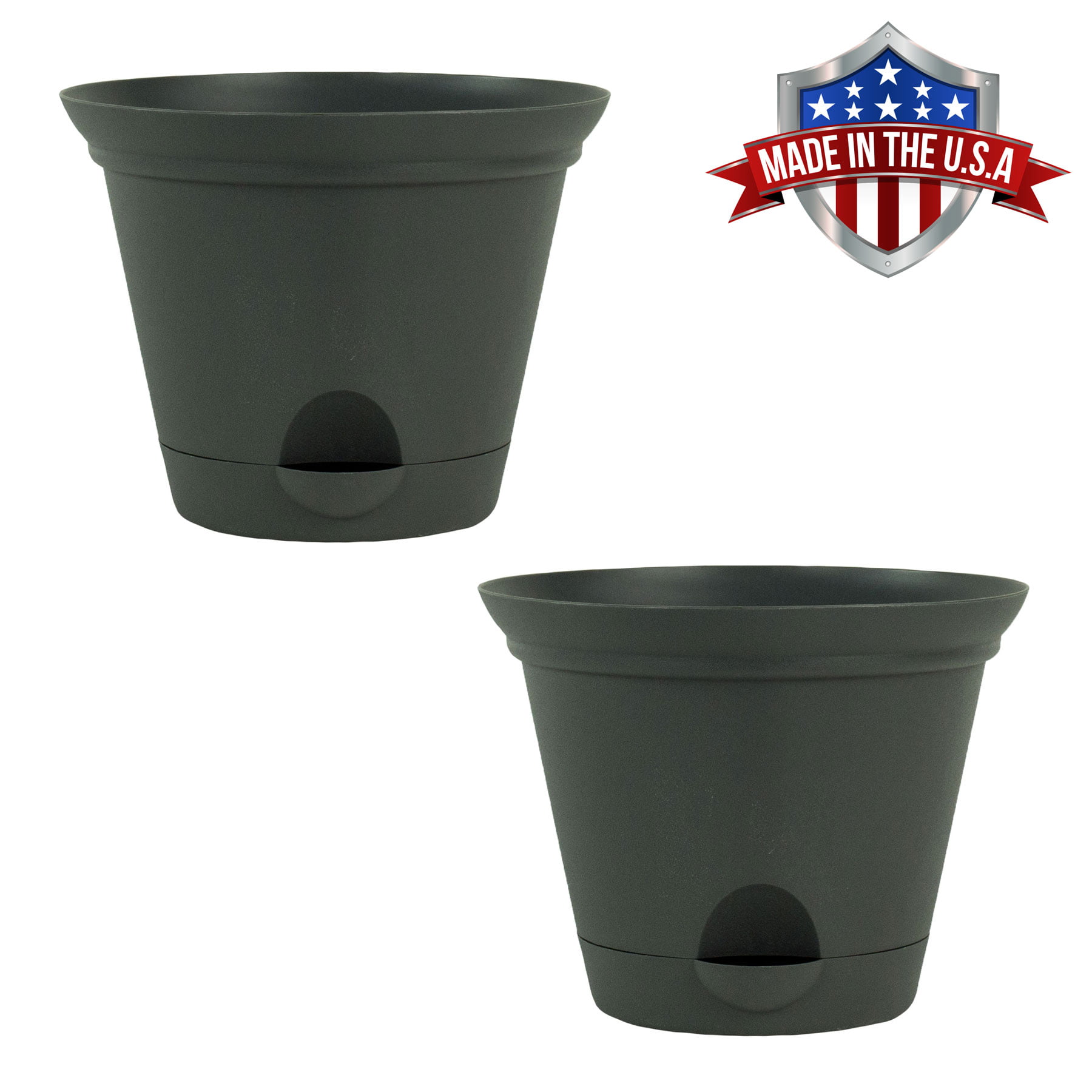 10 and 12 Inch Flat Gray Self Watering Plastic Planters Flare Flower Pot in 7 