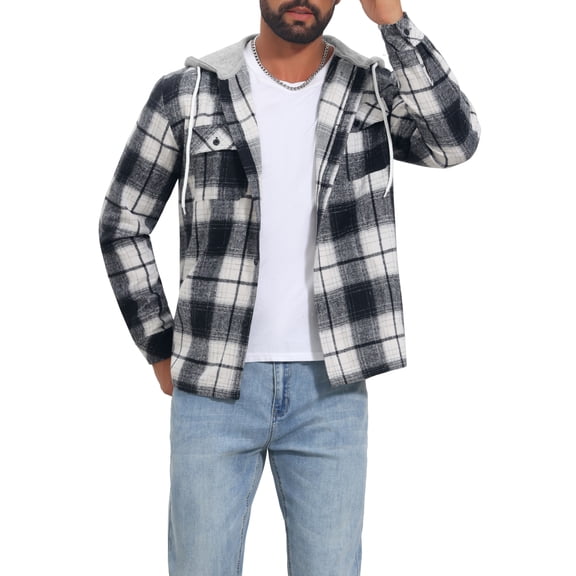 Men's Plaid Drawstring Hooded Chest Pocket Long Sleeve Shirt Jacket M Black White