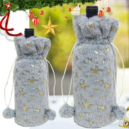 

KEUSN Christmas Bottle Set White Plush Star Sequin Bottle Christmas Table Decorations Bag
