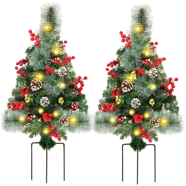 Christmas Pathway Trees Juegoal, 30 cm, con 60 luces LED, paquete de 2