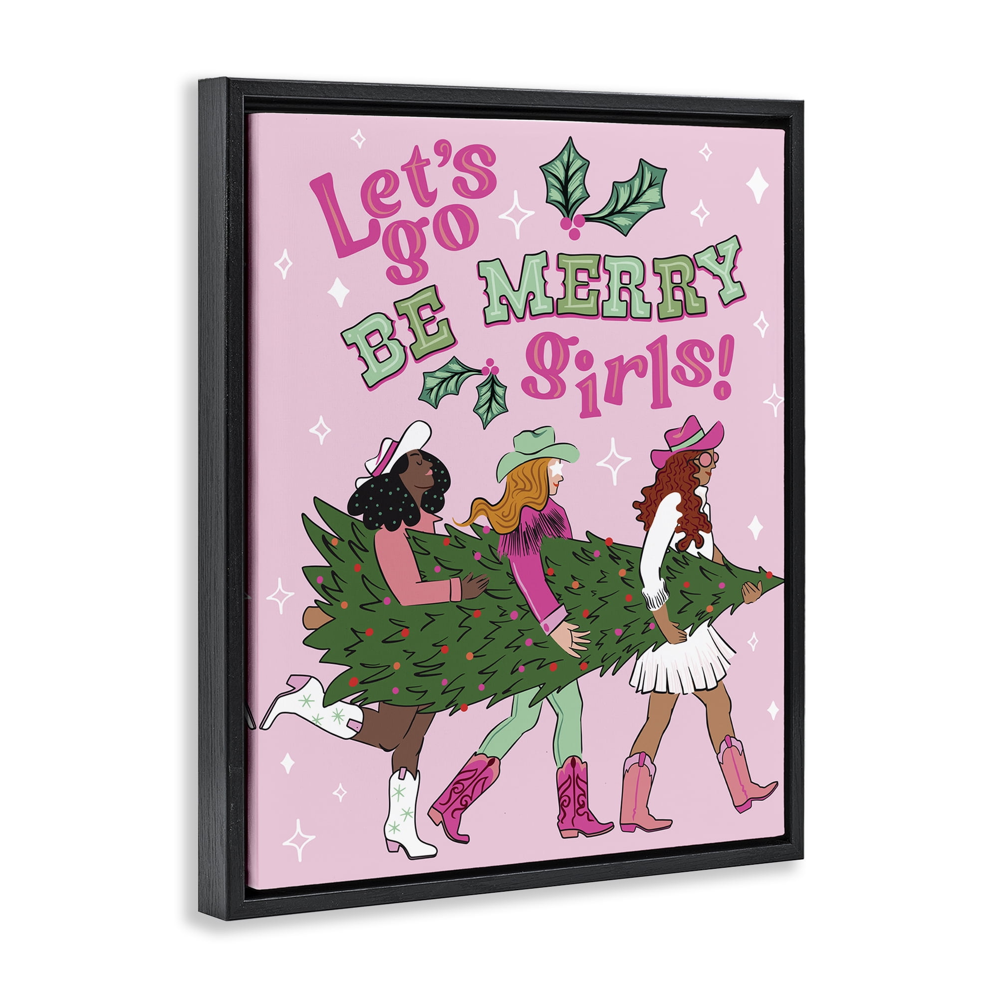 Stupell Industries Be Merry Christmas Cowgirls Holiday Painting Black Floater Framed Canvas Art Prints Wall Art, 25 x 31
