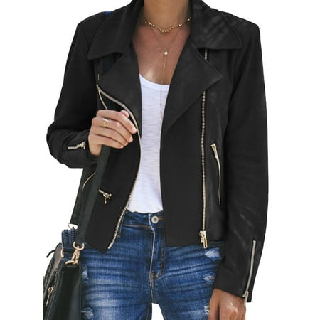 

Blibea Short Jackets for Women Irregular Zipper Scrub Faux Leather Moto Biker Jacket Coat