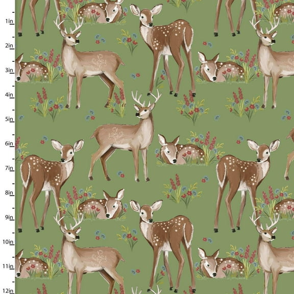 Autumn Meadow Deer Friends Black Cotton Fabric