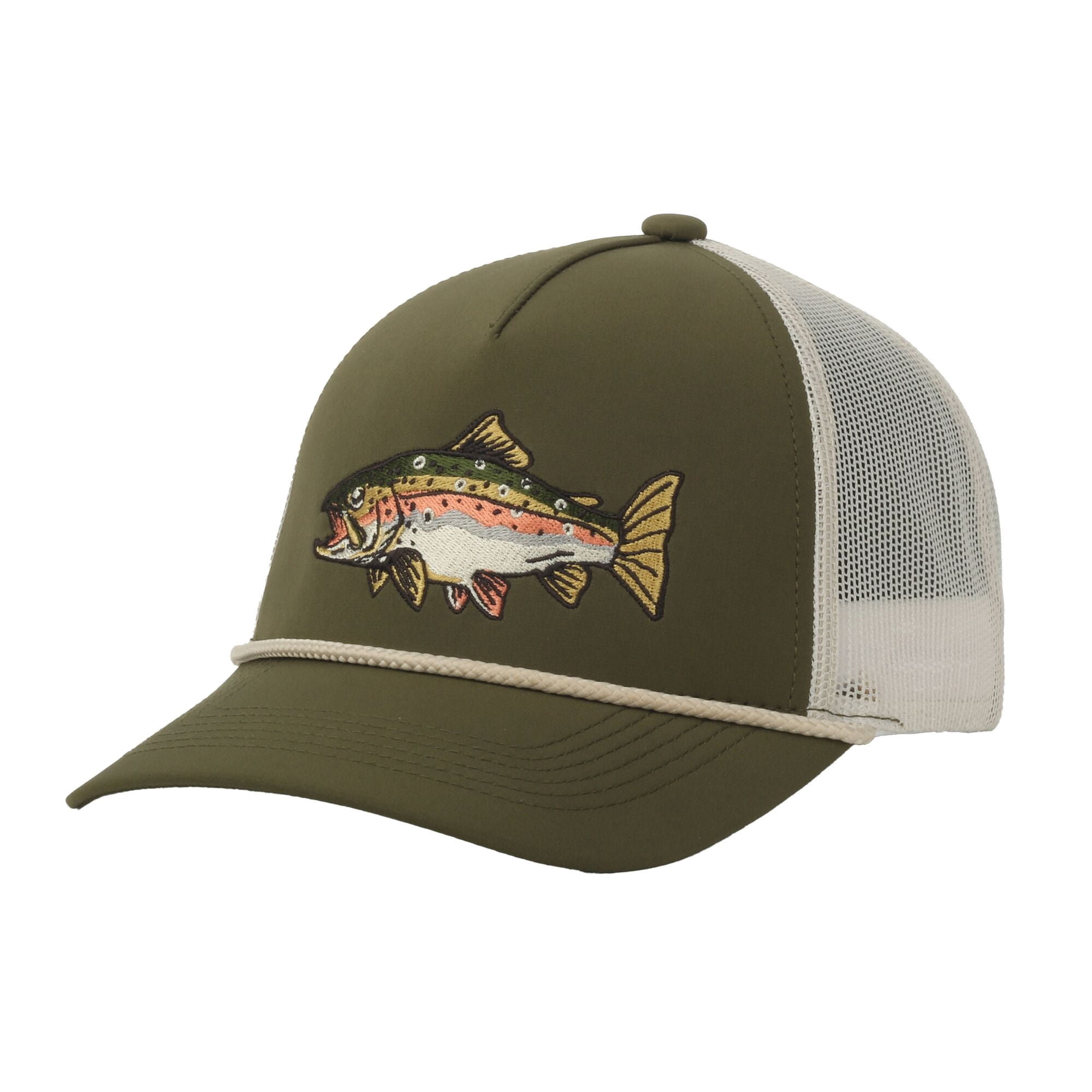Olive/Putty Rainbow Trout 5-Panel Cap – Structured, Embroidered, Snapback, One Size