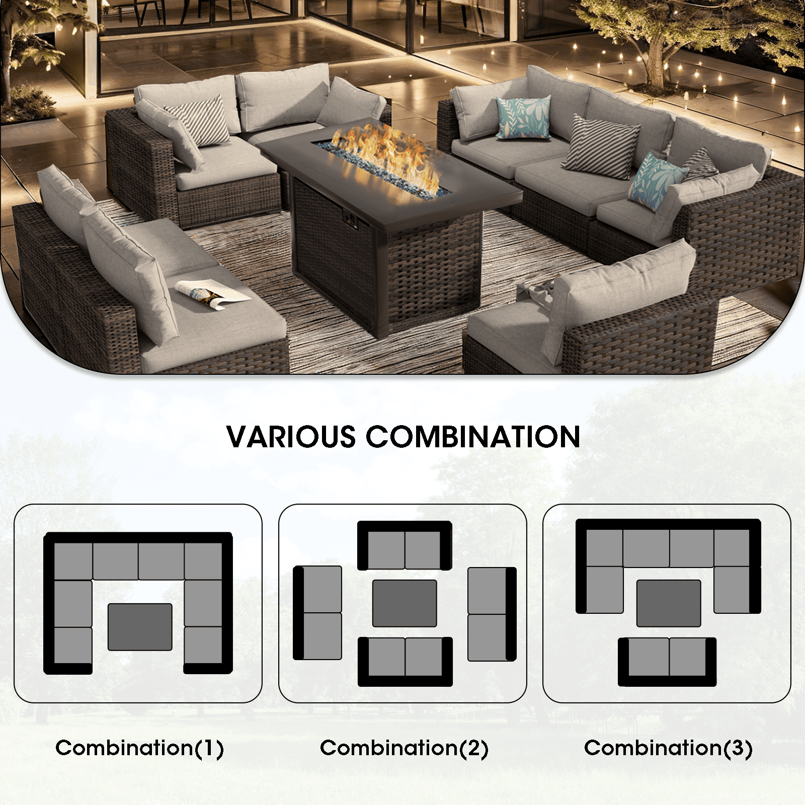 GREZONE 9 Piece PE Wicker Rattan Outdoor Patio Bar Sett with Fire Pit Table, Gray