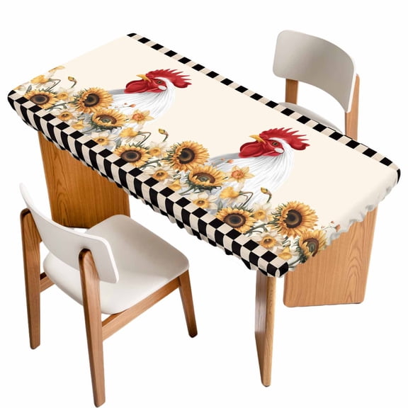 Sunflowers Rooster Table Cloths for 6 Foot Rectangle Tables, Farmhouse Vintage Black White Plaid Patio Waterproof Elastic Fitted Tablecloths, Washable Rectangular Table Cover for Camping