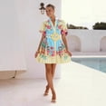 thumbnail image 4 of Women's Casual Boho Linen Puff Sleeve Belted Waist Mini Shirt Dress, Colorful Floral Print Flowy Summer Sundress for Beach Vacation Resort Wear, 4 of 7