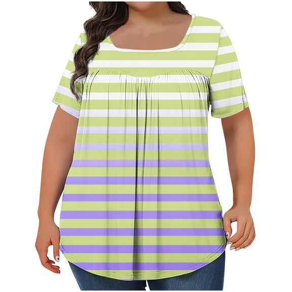ABATAB Plus Size Tops for Women Summer Striped Ruched T Shirts Gradient Square Neck Short Sleeve Shirts Curve Hem Loose Fit Tunic Tops