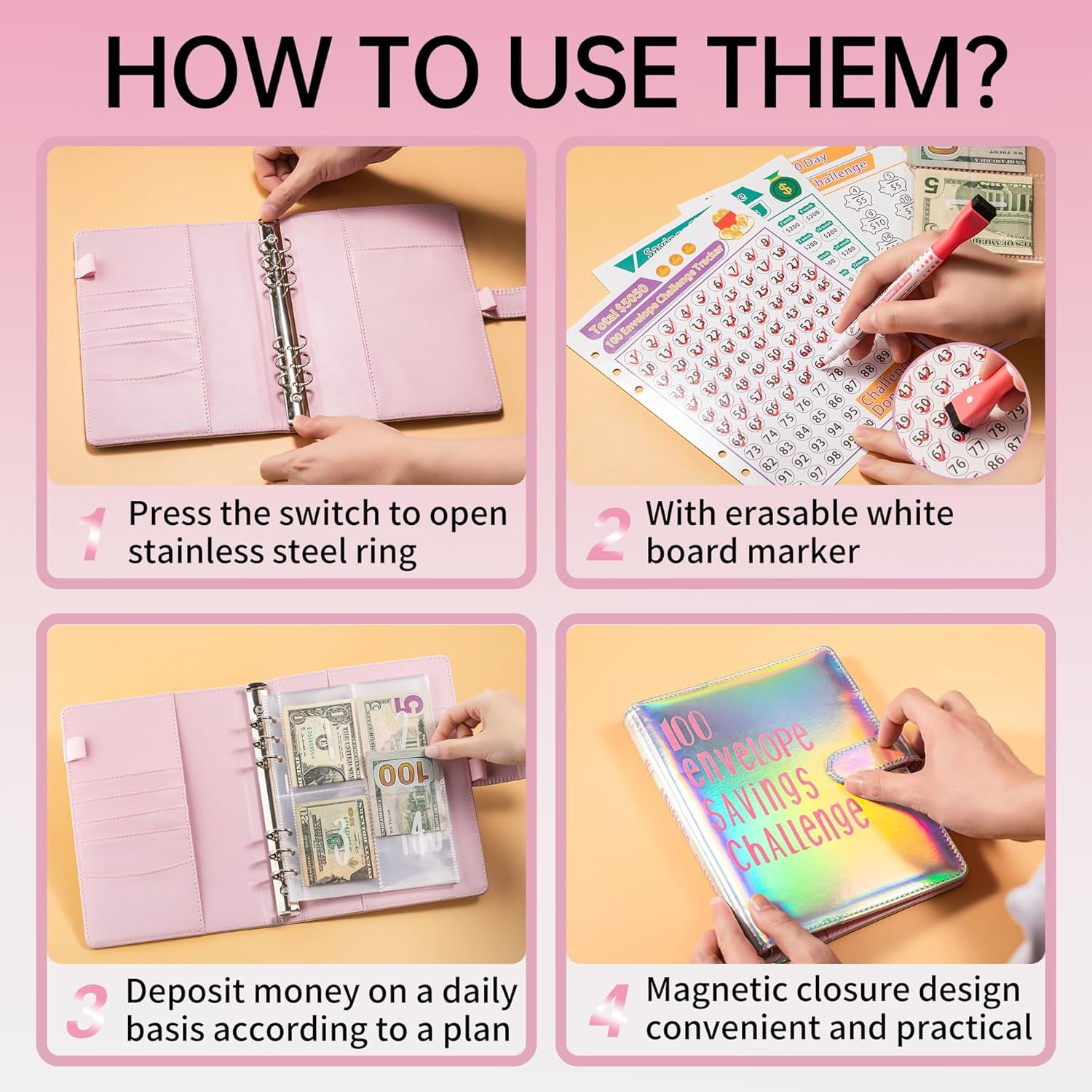 100 Envelopes Money Saving Challenge Binder - 100 Day Money Saving Challenge Book, A5 Savings Challenges Binder with Cash Envelopes and Challenge Trackers to Save $10,000, 5,050, and $500