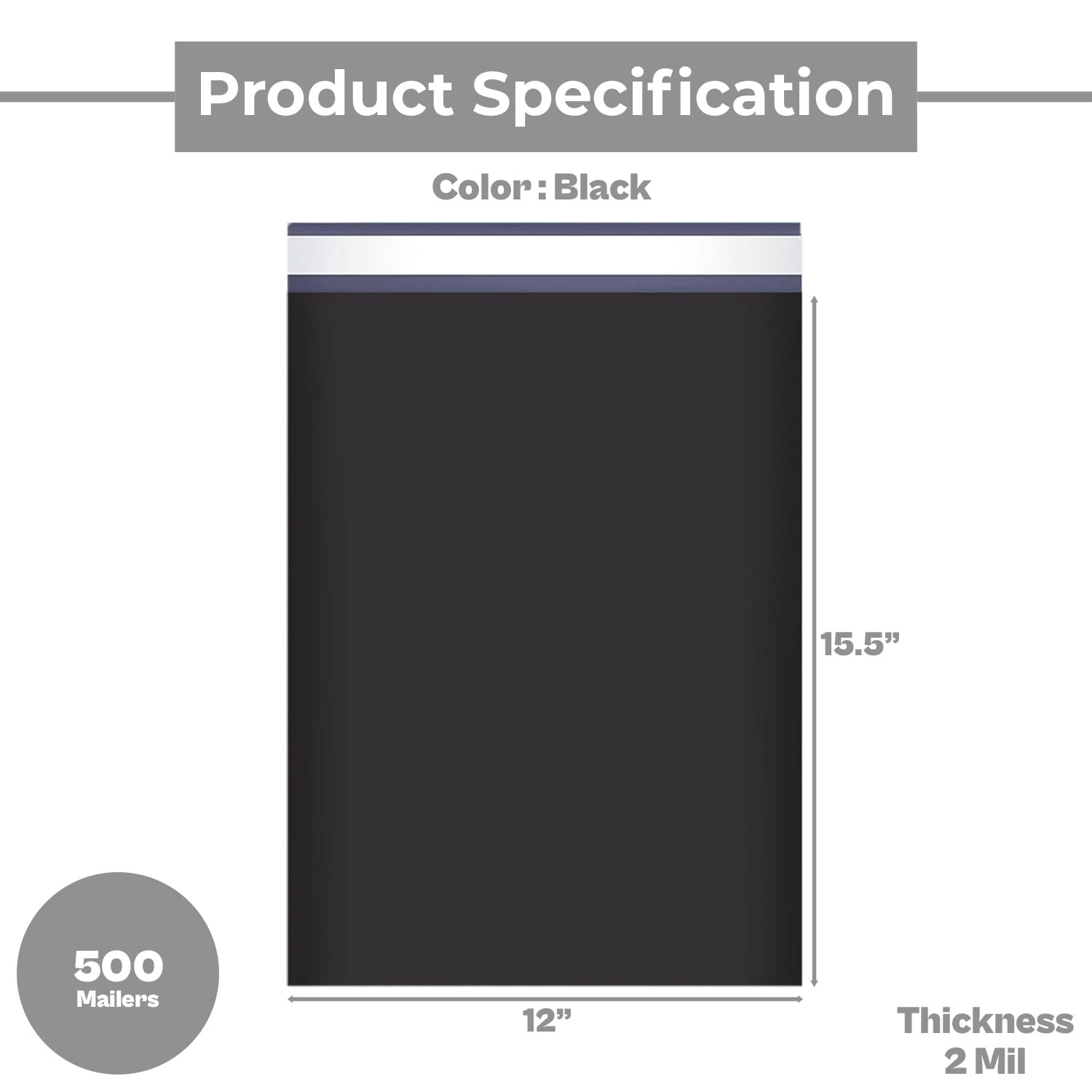 MMBM 12" x 15.5" Black Poly Mailer 2 Mil Self Sealing Polybags Packaging Shipping Mailing Envelopes Bags - 500 Pieces