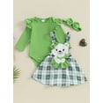 thumbnail image 2 of Suealasg Baby Girls Saint Patrick's Day Outfits 3M 6M 9M 12M 18M Solid Color Long Sleeve Romper Bear Embroidery Overall Dress Headband Set 3 Piece Spring Ireland Festival Clothing for Toddler Girls, 2 of 9
