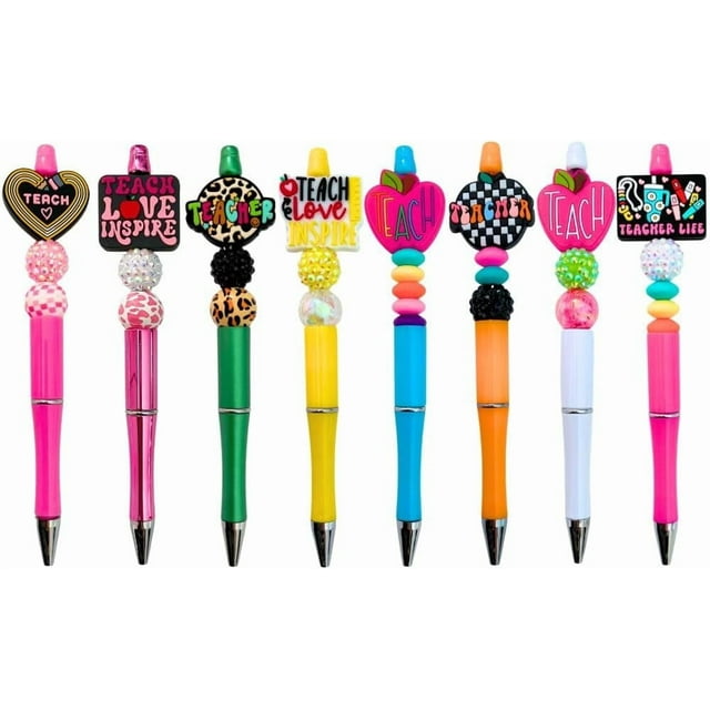 wqlpp-8PC Teacher Beaded Pens Ballpoint Black Pen Set Assorted Cute Stylish Colorful Writing Kit Office Supply Bulk Accessory Pack Gift Bundle Stationery Supplies for Women Teach Love Inspire Appreci