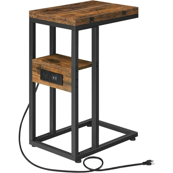 Foldable End Table, C Shaped Side Table with Charging Station, Sofa Couch Table That Slide Under for Living Room Bedroom Small Spaces, Easy Assembly, Rustic Brown and Black