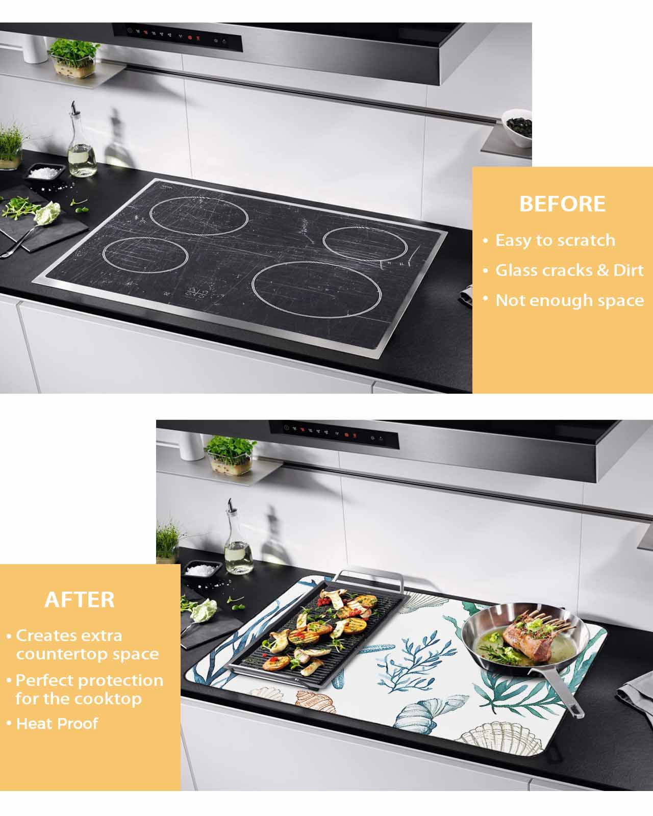 nqOlkjepod Large Induction Cooktop Protector Mat 24"x21", Summer Coastal Stove Top Covers for Electric Stove, Ocean Watercolor Starfish Shell Seaweed Stove Burner Cover Mats, Glass Top Stove Cover