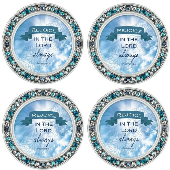Elanze Designs Rejoice In Lord Always Aqua Silvertone 4.5 Inch Jeweled Coaster Set of 4