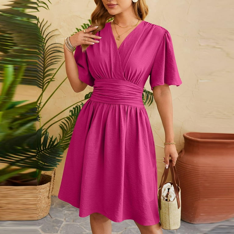 Women's Summer Pleated Wrap Dress Tummy Control Flare Sleeve V