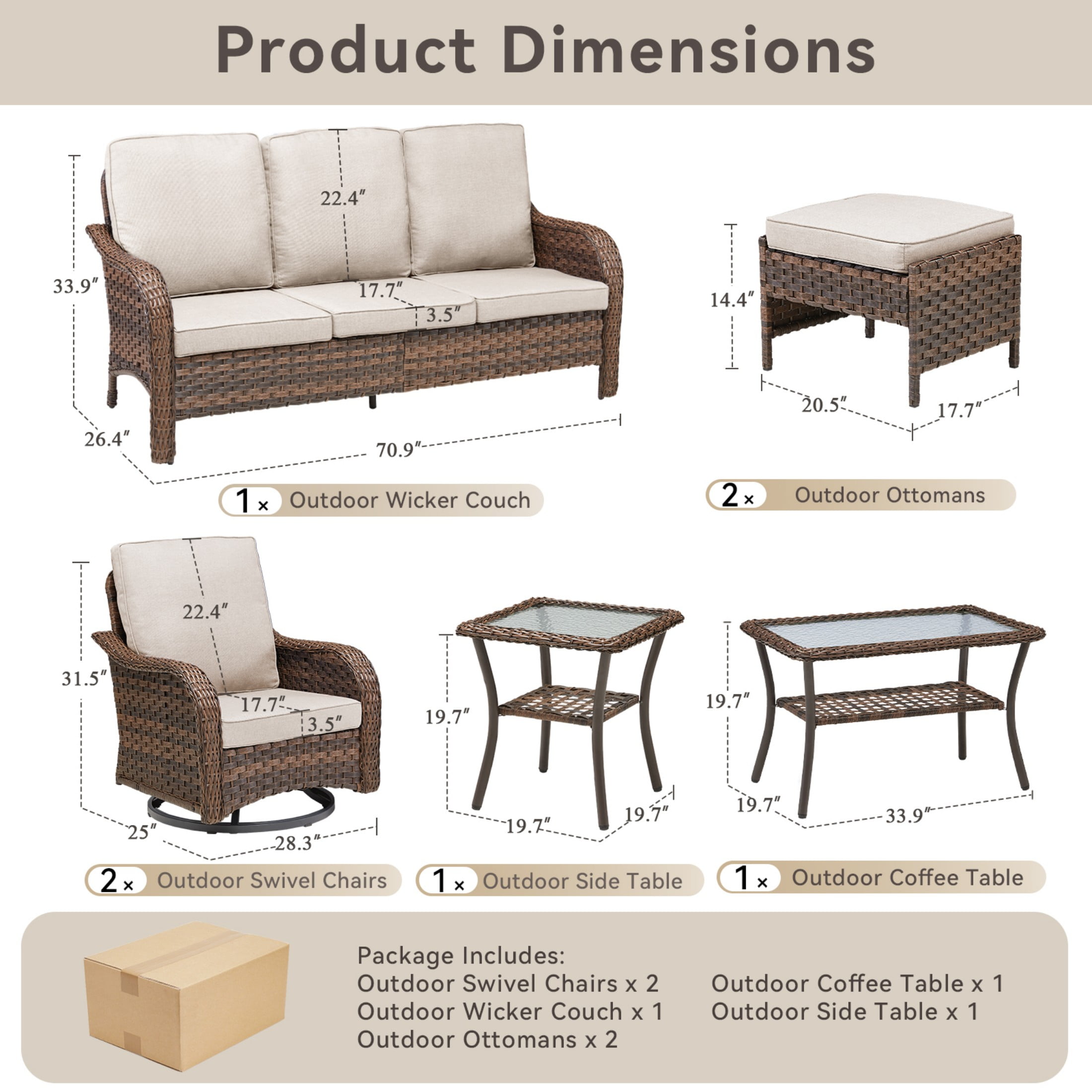 Unnifurnzi Outdoor Furniture-7 Pieces All Weather Wicker Patio Furniture Outdoor Swivel Chairs with Patio Couch Outdoor Patio Furniture Set for Porch Balcony Deck-Brown/Beige