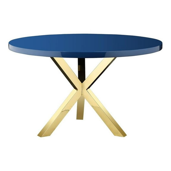 Pemberly Row Modern Lacquer & Polished Steel Metal Dining Table in Navy/Gold
