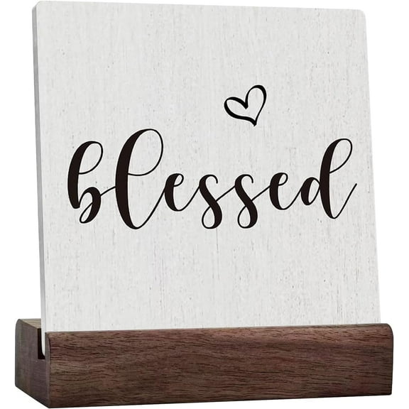 Blessed Decorative Family Farmhouse Home Bedroom Kitchen Living Room Office Decor Rustic Desk Sign For Shelf Plaque Desk Decor Gift Positive Plaque With Wooden Stand