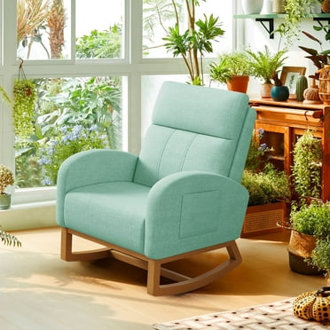 Glider Rocking Chair Nursery Comfy Accent Chair with High Backrest Upholstered Living Room Chairs with Side Pocket Armchair Reading Chair for Bedroom Nursery Office, Green