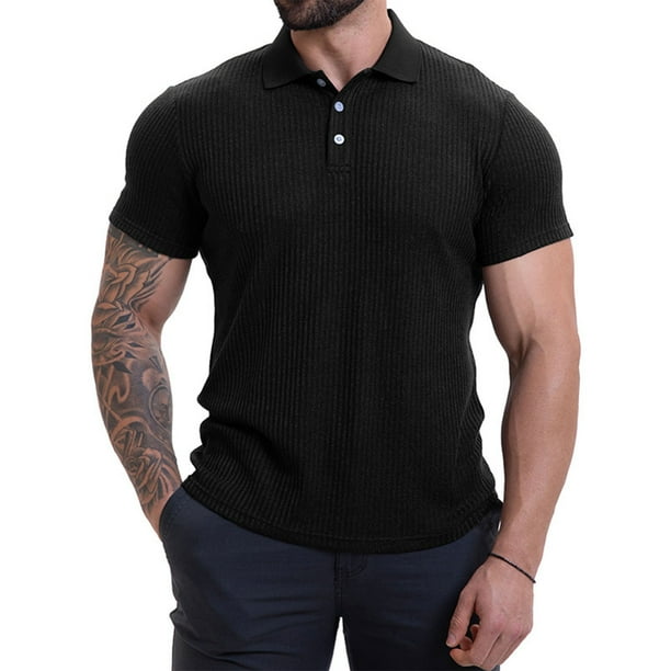 Camisetas Elvqul Hombre Economicas Polo Negro Manga Corta sin Estampado Solapa Abotonada