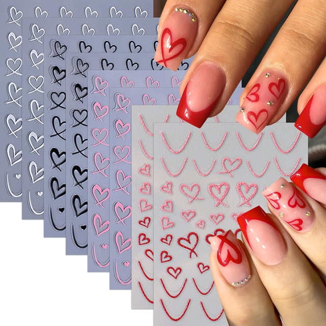 Pegatinas de uñas Quezadyl, 8 hojas, diseño de corazón para San Valentín