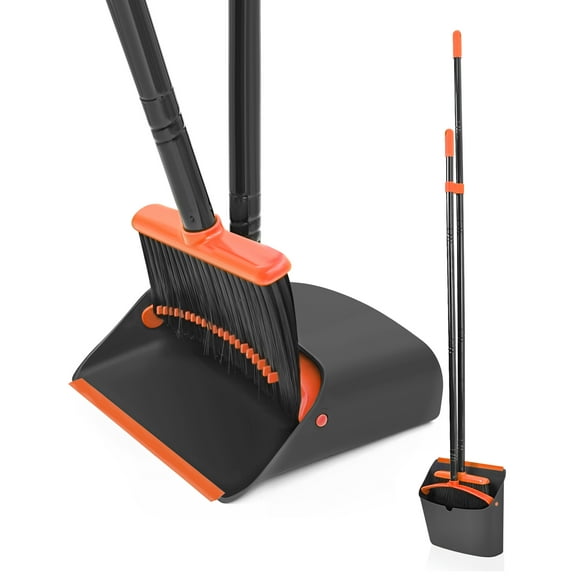 JEHONN Broom and Dustpan Set for Home, Long Handle Lightweight Broom Set with Comb Teeth (Orange Black)