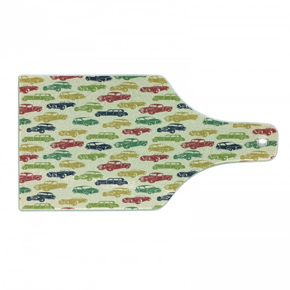 Cars Cutting Board, Various Vehicles with Curved Edges Vintage Car Designs from Fifties, Decorative Tempered Glass Cutting and Serving Board, Wine Bottle Shape, Dark Blue Red Fern Green, by Ambesonne