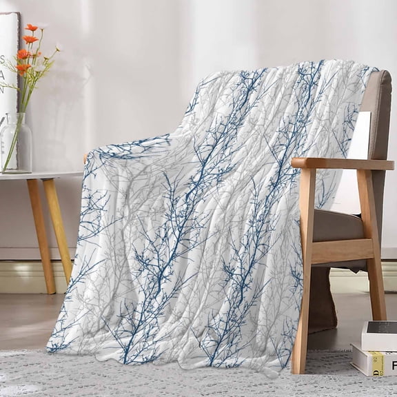 Fleece Blanket Blue Gray Tree Branch on White Blankets, Soft Cozy Warm Flannel Throw Blanket, Botanical Seamless Plant Texture Blanket for Bed Couch Sofa,30x40In