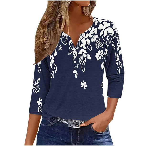 Camisetas de Manga Corta para las Mujeres Moda Impresa 3/4 Manga Cuello Redondo Top Casual para el Hogar Y Diario