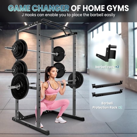 QUHEE Squat Rack Power Cage, 1200lbs Capacity, Multi-Functional Workout Equipment,14-Hole Adjustable Height With Safety Arms and J-Hooks for Home Gym ,Garage Gym