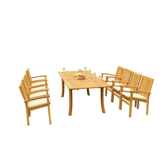 Grade-A Teak Dining Set: 8 Seater 9 Pc: 94" Rectangle Table And 8 Wave Stacking Arm Chairs Outdoor Patio WholesaleTeak #51WV2009