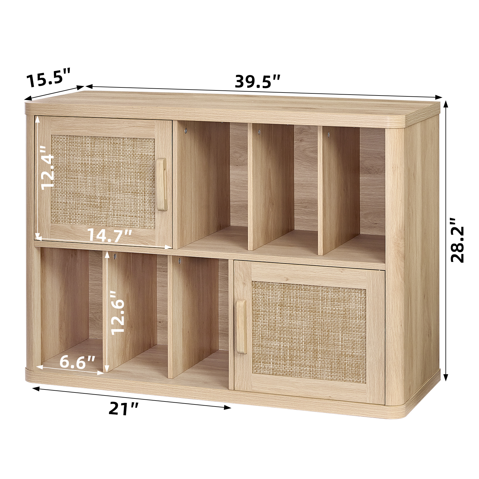 Large Record Player Stand, Rattan Turntable Stand Table Holds up to 450 Albums, Vinyl Record Storage Cabinet with Wood Legs for Living Room Bedroom Office, Natural Oak