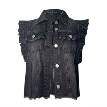Women's Crop Denim Vest - Sleeveless Distressed Jean Jacket With V Neck