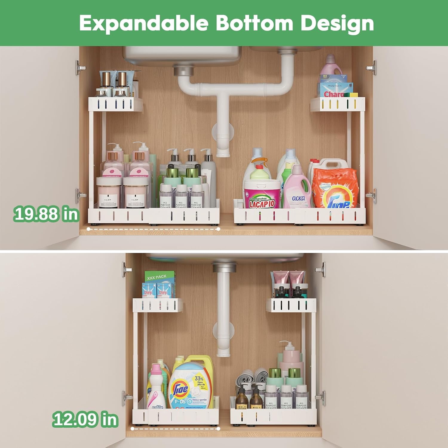 Under Sink Organizer, 2 Tier Expandable Under Cabinet Organizer, Heights Adjustable Pull Out Storage for Kitchen Bathroom Laundry, White, 2 Pack