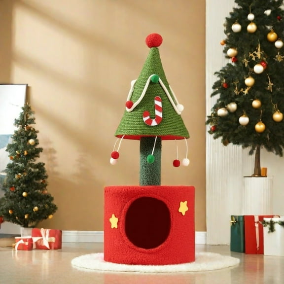 [Christmas Cat Tree] Christmas Cat Tree with Sisal Scratching Posts & Cozy Nest - Festive Mosaic Design, Perfect Holiday Gift for Cats, Christmas Decor