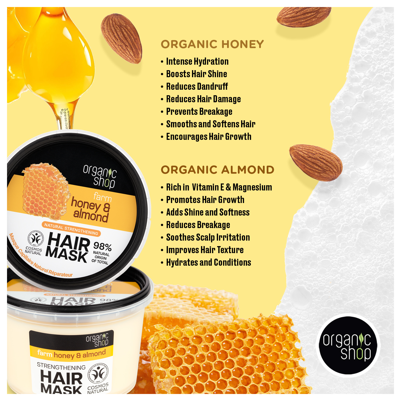 Organic Shop Raw Honey & Almond – High Strengthening Shampoo + Conditioner & Hair Mask Deep Repairing - 100% Vegan & Organic, Rich In Vitamins & Minerals, Silky Hydration & Nourishing. 9.5 Fl Oz