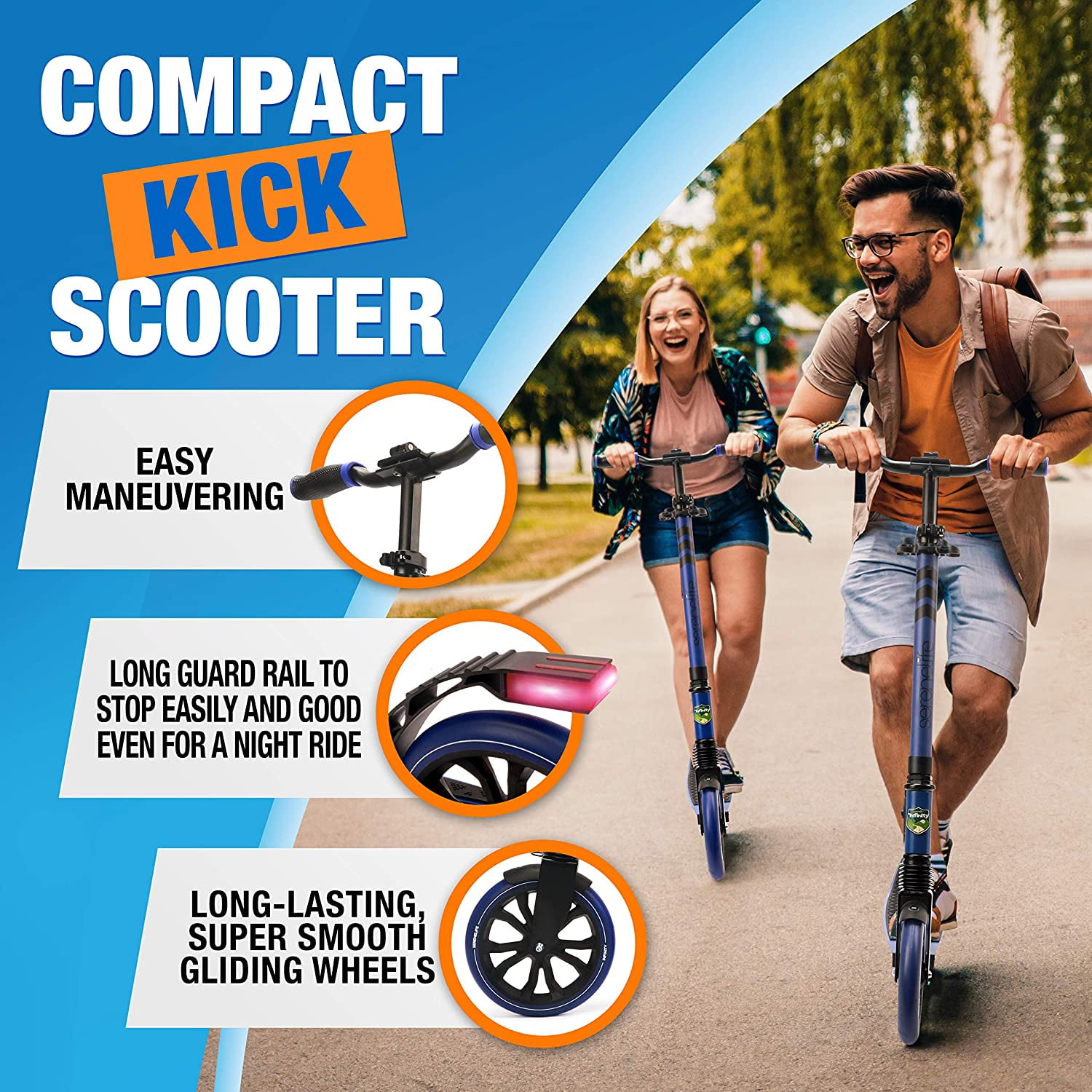Serene Life Lightweight and Foldable Kick Scooter - Adjustable Scooter for Teens and Adult (Blue)