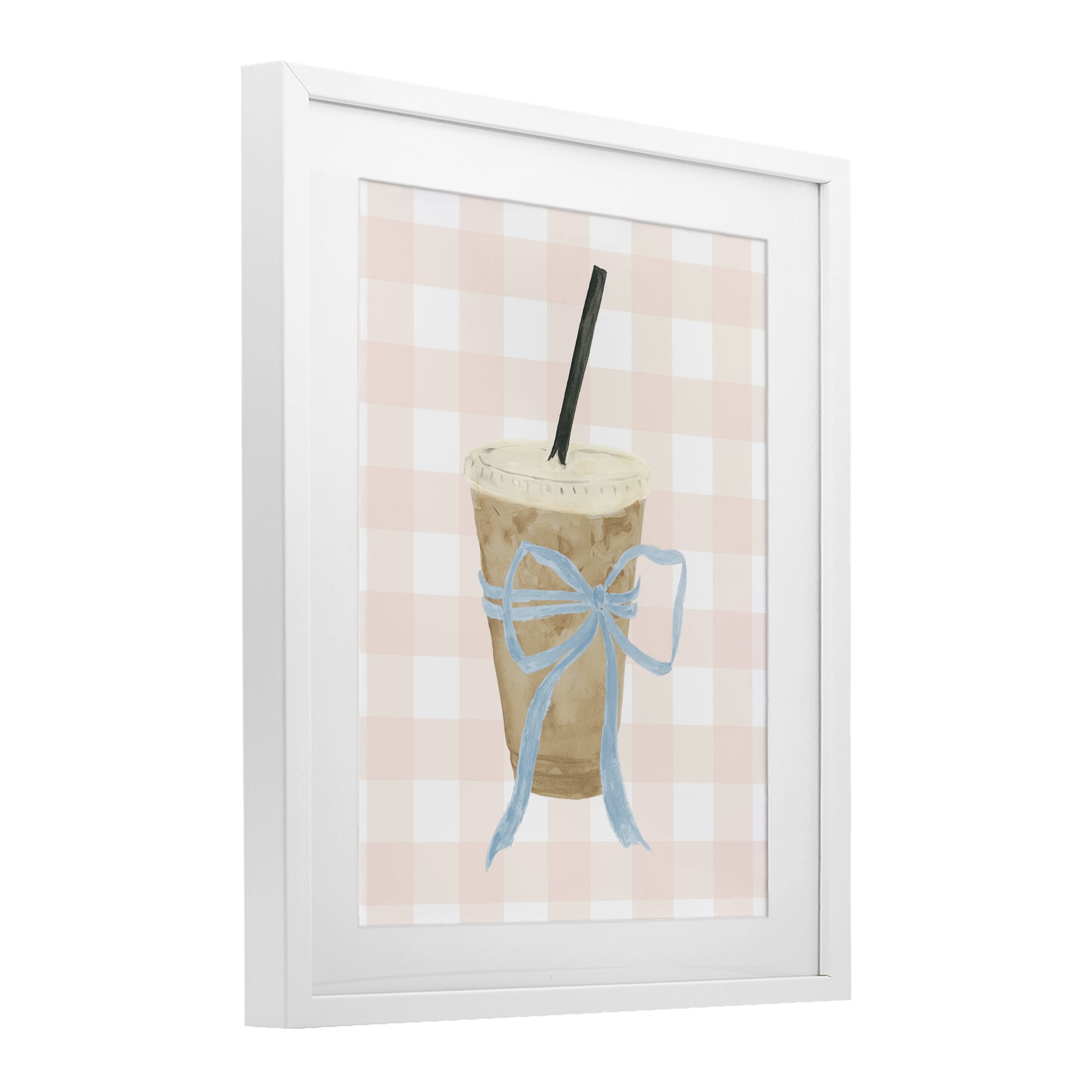 Stupell Industries Iced Coffee on Gingham White Framed Print Under Glass, design by Lucille Price
