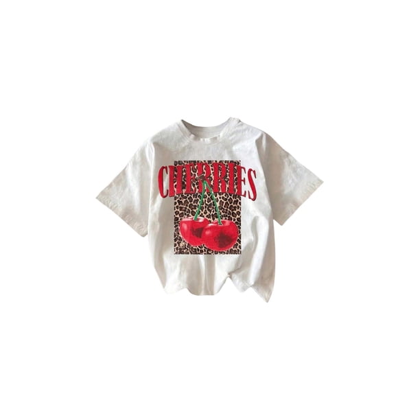 【100% Cotton】Summer loose T-shirt, cherry and leopard print, white short-sleeved printed short-sleeved shirt, sweat-absorbent and odor-free fabric T-shirt