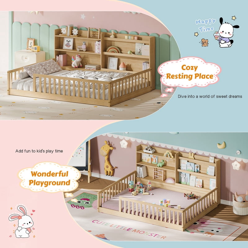 Full Size Kids Montessori Floor Bed with Bookshelf & Safety Guardrail, Wood Low-Profile Platform Bed Frame with Slats
