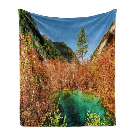 Nature Soft Flannel Fleece Throw Blanket, Idyllic Fall Landscape with a Creek Among the Forest in National Park Valley Art, Cozy Plush for Indoor and Outdoor Use, 70" x 90", Green Amber, by Ambesonne