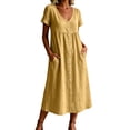 thumbnail image 2 of Horkkom Midi Dresses for Women V Neck Short Sleeve Solid Color Linen Dress Summer Loose Casual Dresses, S-2XL, 2 of 6