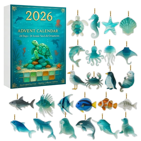 Aximioll 2026 Christmas Advent Calendar with 24 Sea Life Ornaments, 1.18" Mini Acrylic Ocean Animal Christmas Tree Decorations, Countdown Calendar Gift Box for Kids Holiday Party, Xmas Home Decor