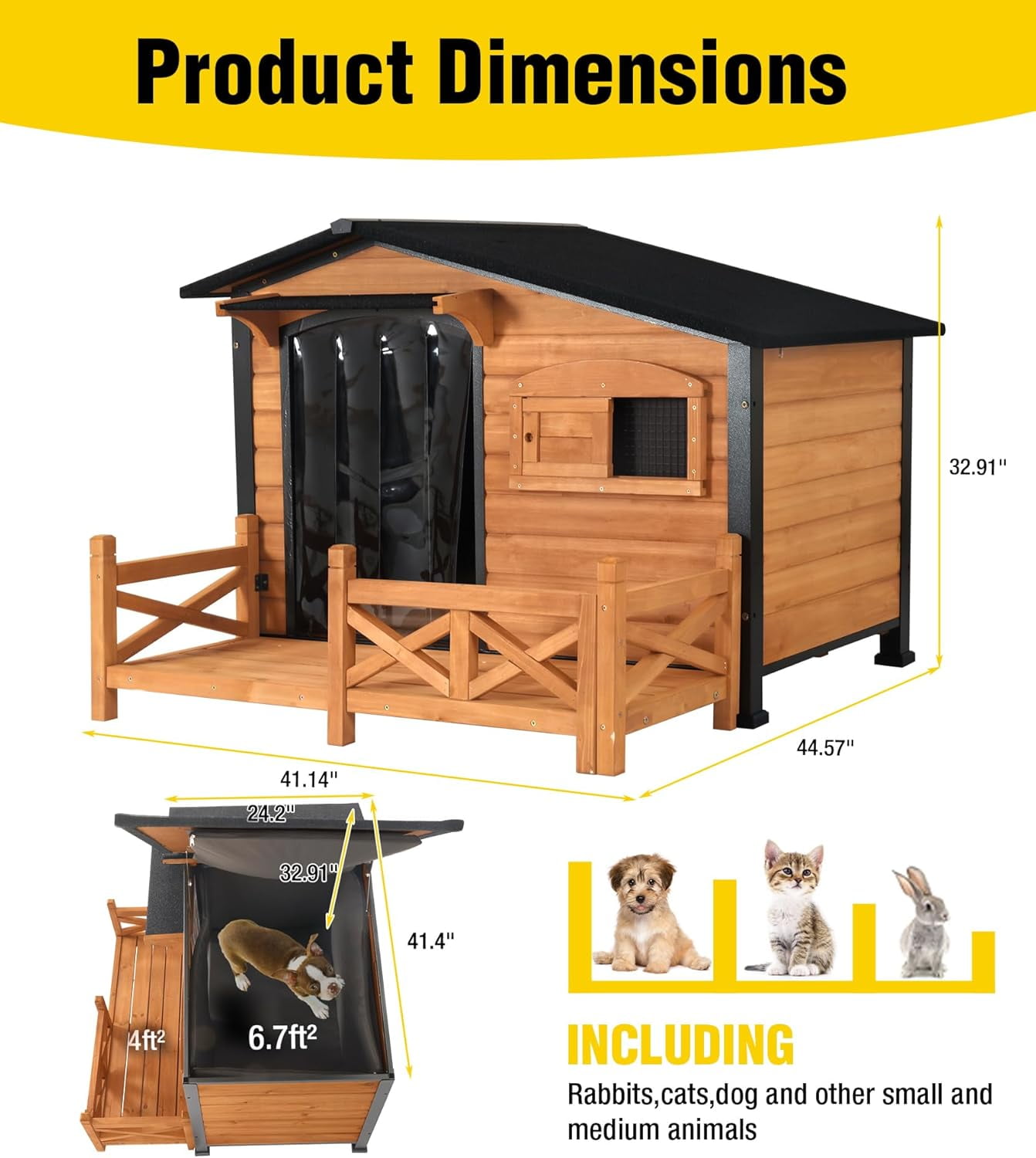 Aivituvin Dog House Outdoor with Anti-Chewing Metal Frame, Wooden Dog Kennel with Sliding Window, Detachable Floor, Weatherproof Roof - Natural