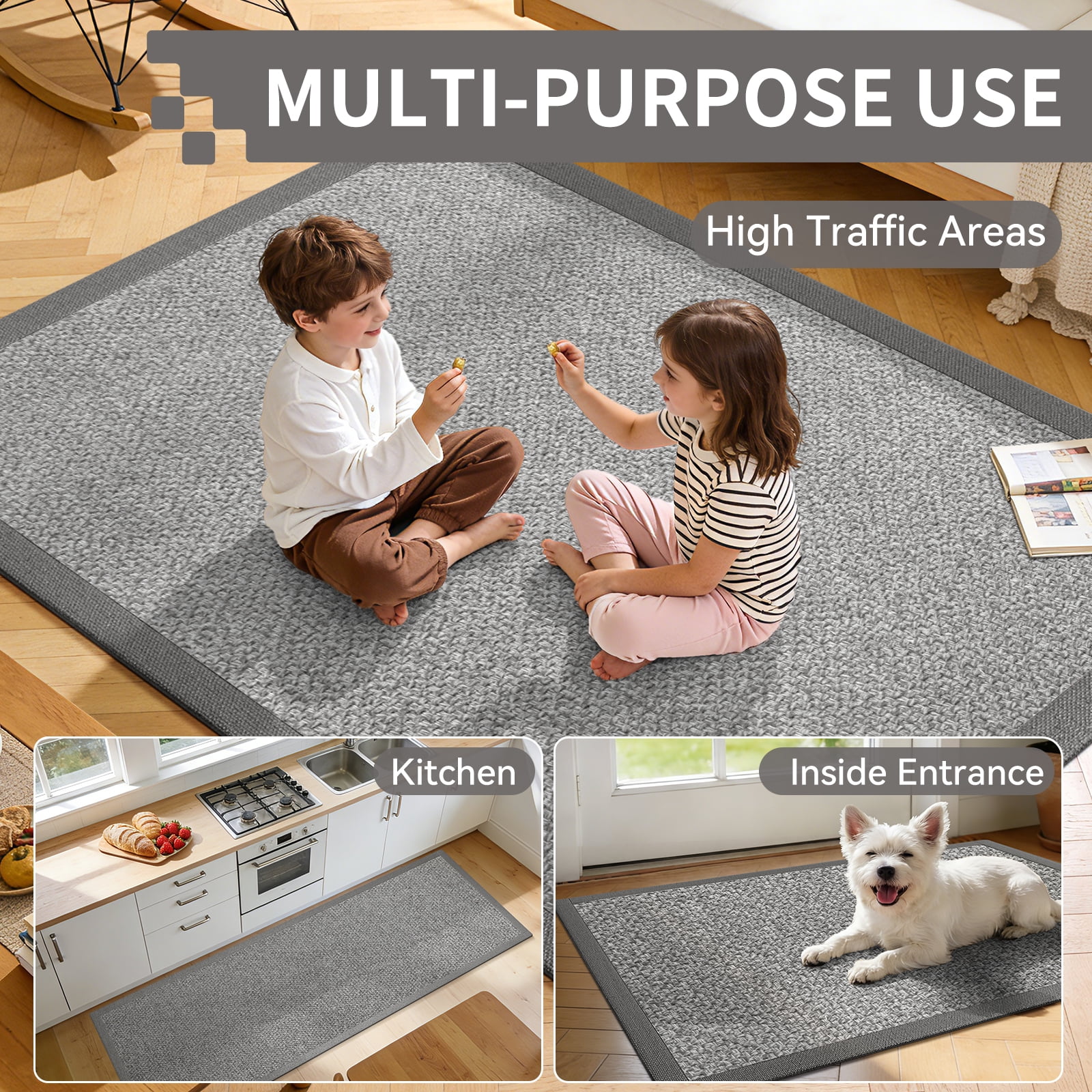 QiCaiJia Hallway Runner Rug 2x5 ft Gray Jute Like Kitchen Runner Mat Rugs Non Slip, Woven Soft Entryway Farmhouse Runner Boho Floor Carpet for Indoor Laundry Hall Backdoor Bedroom Living Room