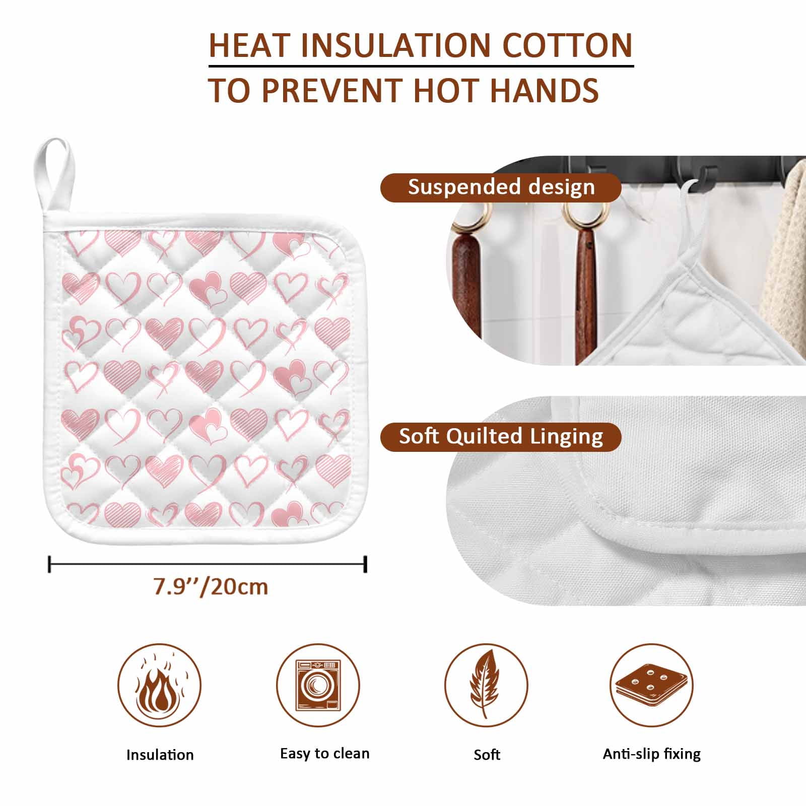 Valentine's Day Pot Holders for Kitchen Heatproof Potholder, 3 Pack Valentines Pink Love Heart Romantic Hot Pads Multipurpose Oven Pads Cloth Potholders Trivet for Cooking Baking