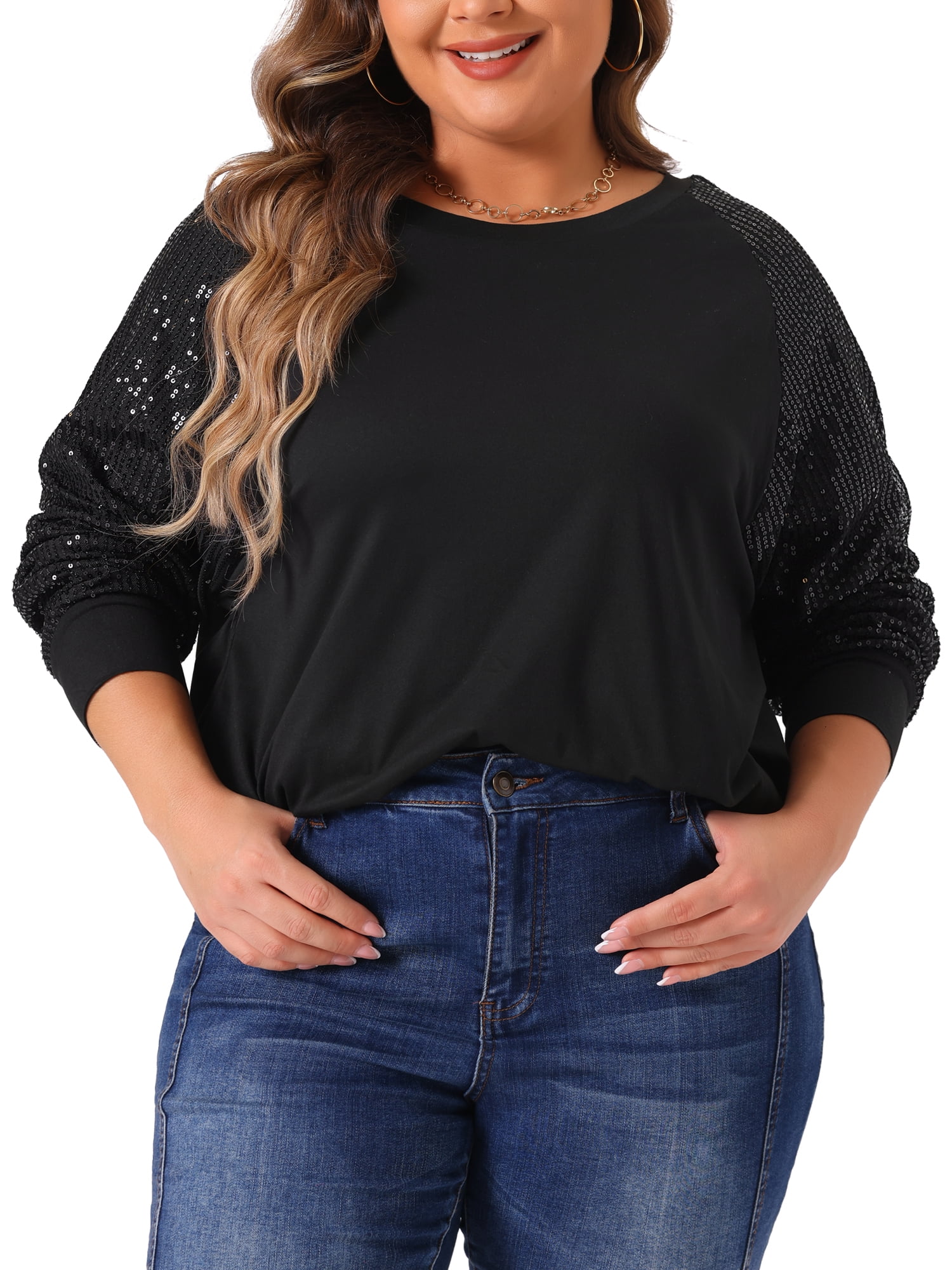 DARING DIVA Women's Plus Long Sleeve Shimmer Glitter Blouse 3X Black