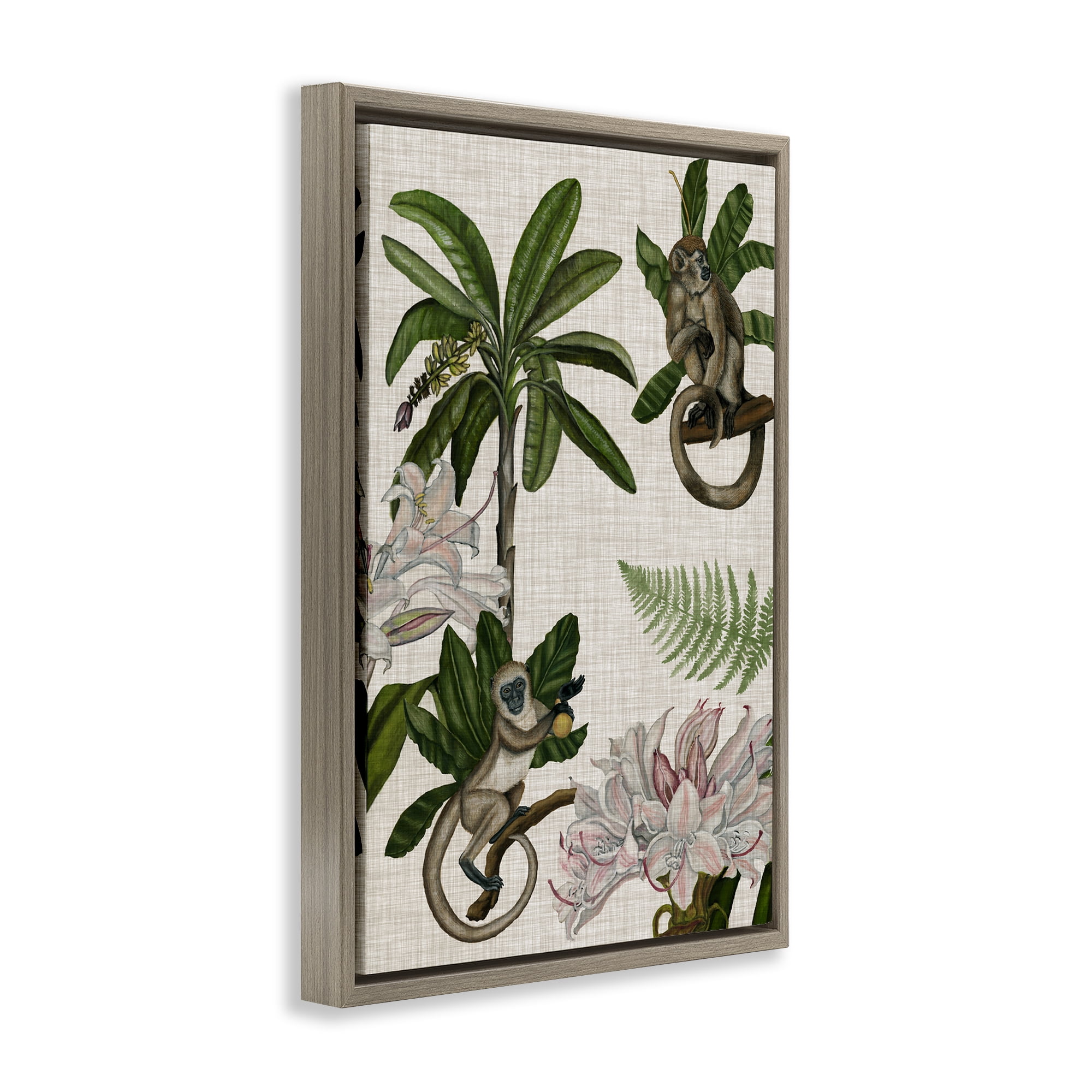Stupell Industries Tropical Monkey Studies Plants & Flowers Painting Brown Floater Framed Canvas Art Print Wall Art, 21 x 31
